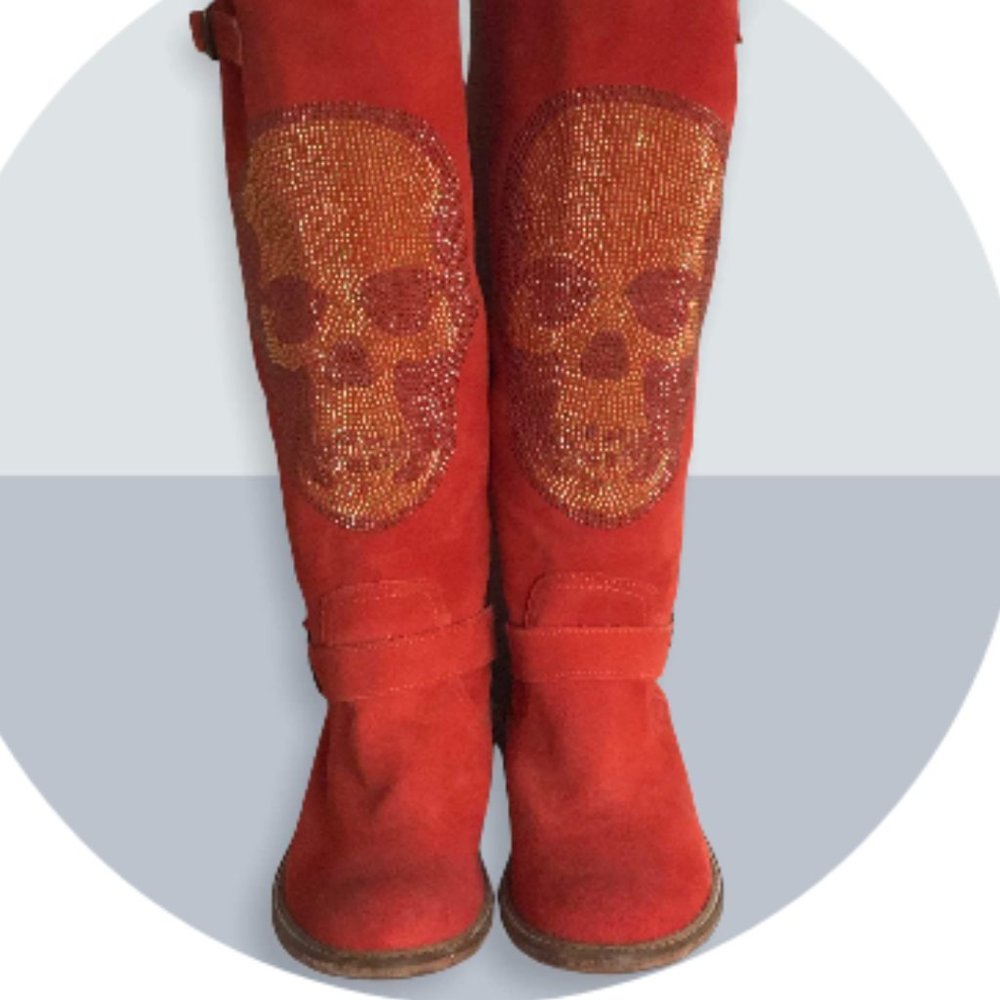 Red leather bots with skull design